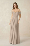 Off - the - Shoulder A - Line Chiffon Pleated Bridesmaid Dress in Almond - SHE IS ME Bridesmaid Dresses