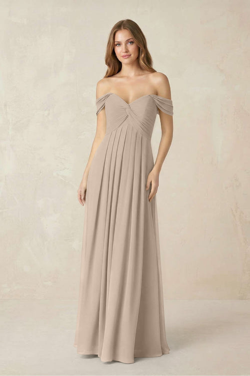 Off - the - Shoulder A - Line Chiffon Pleated Bridesmaid Dress in Almond - SHE IS ME Bridesmaid Dresses