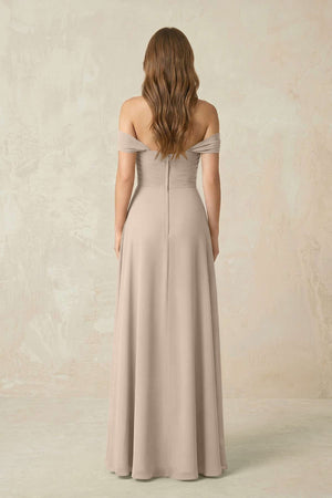 Off - the - Shoulder A - Line Chiffon Pleated Bridesmaid Dress in Almond - SHE IS ME Bridesmaid Dresses
