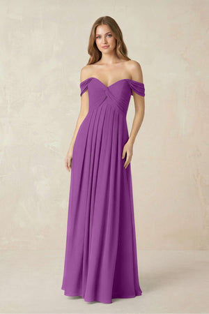 Off - the - Shoulder A - Line Chiffon Pleated Bridesmaid Dress in Amethyst - SHE IS ME Bridesmaid Dresses