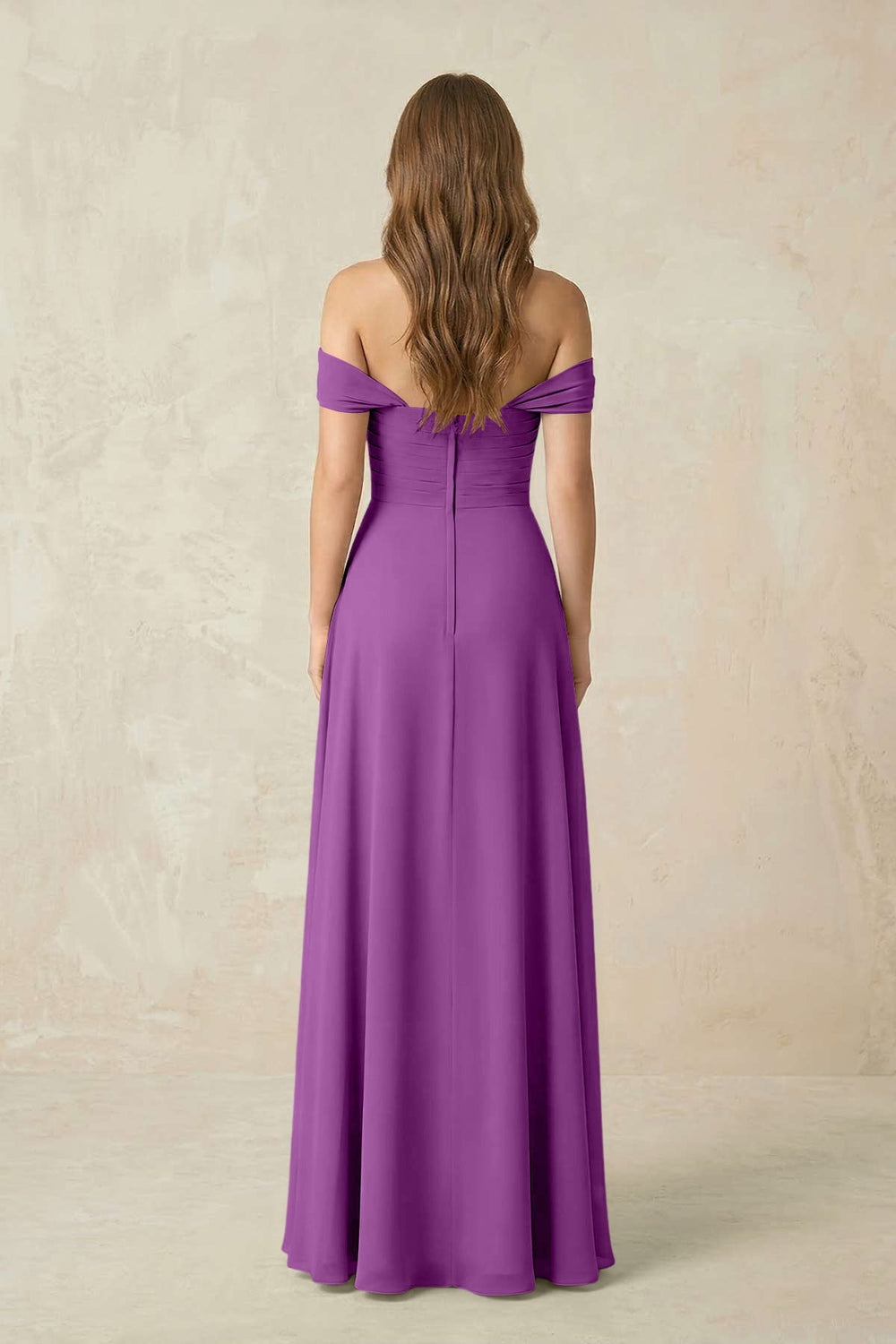 Off - the - Shoulder A - Line Chiffon Pleated Bridesmaid Dress in Amethyst - KISS BRIDAL Bridesmaid Dresses