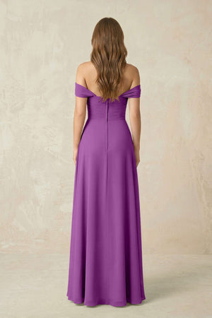 Off - the - Shoulder A - Line Chiffon Pleated Bridesmaid Dress in Amethyst - SHE IS ME Bridesmaid Dresses