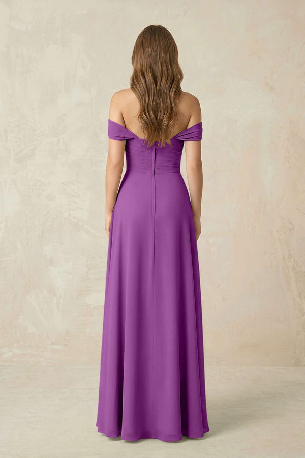 Off - the - Shoulder A - Line Chiffon Pleated Bridesmaid Dress in Amethyst - SHE IS ME Bridesmaid Dresses