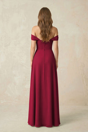 Off - the - Shoulder A - Line Chiffon Pleated Bridesmaid Dress in Berry - SHE IS ME Bridesmaid Dresses