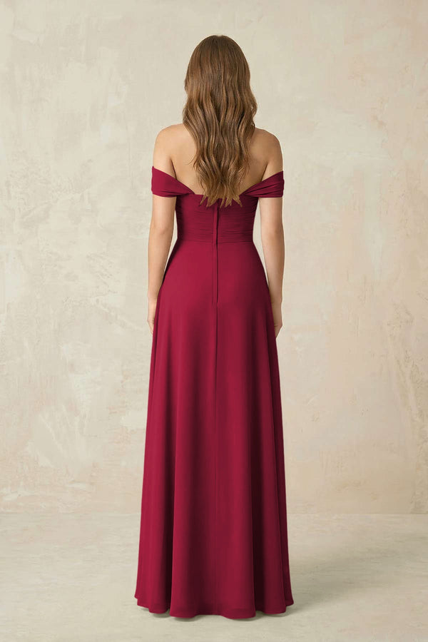 Off - the - Shoulder A - Line Chiffon Pleated Bridesmaid Dress in Berry - SHE IS ME Bridesmaid Dresses