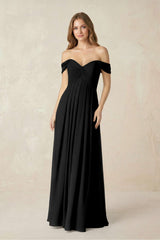 Off - the - Shoulder A - Line Chiffon Pleated Bridesmaid Dress in Black - KISS BRIDAL Bridesmaid Dresses