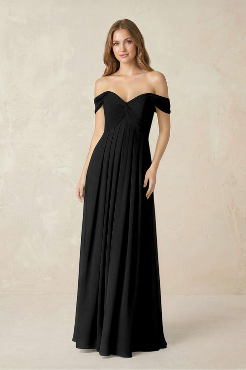 Off - the - Shoulder A - Line Chiffon Pleated Bridesmaid Dress in Black - SHE IS ME Bridesmaid Dresses