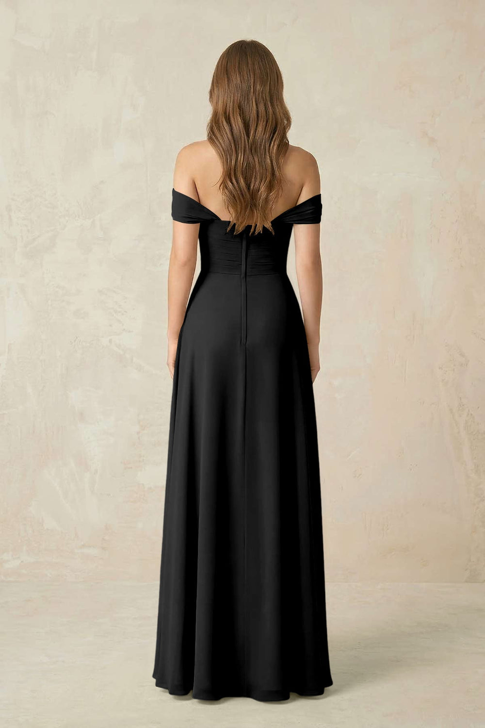 Off - the - Shoulder A - Line Chiffon Pleated Bridesmaid Dress in Black - KISS BRIDAL Bridesmaid Dresses