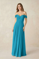 Off - the - Shoulder A - Line Chiffon Pleated Bridesmaid Dress in Blue Jay - KISS BRIDAL Bridesmaid Dresses
