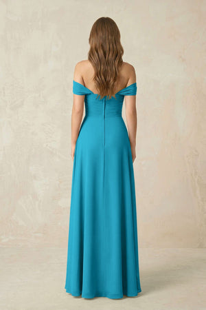 Off - the - Shoulder A - Line Chiffon Pleated Bridesmaid Dress in Blue Jay - SHE IS ME Bridesmaid Dresses