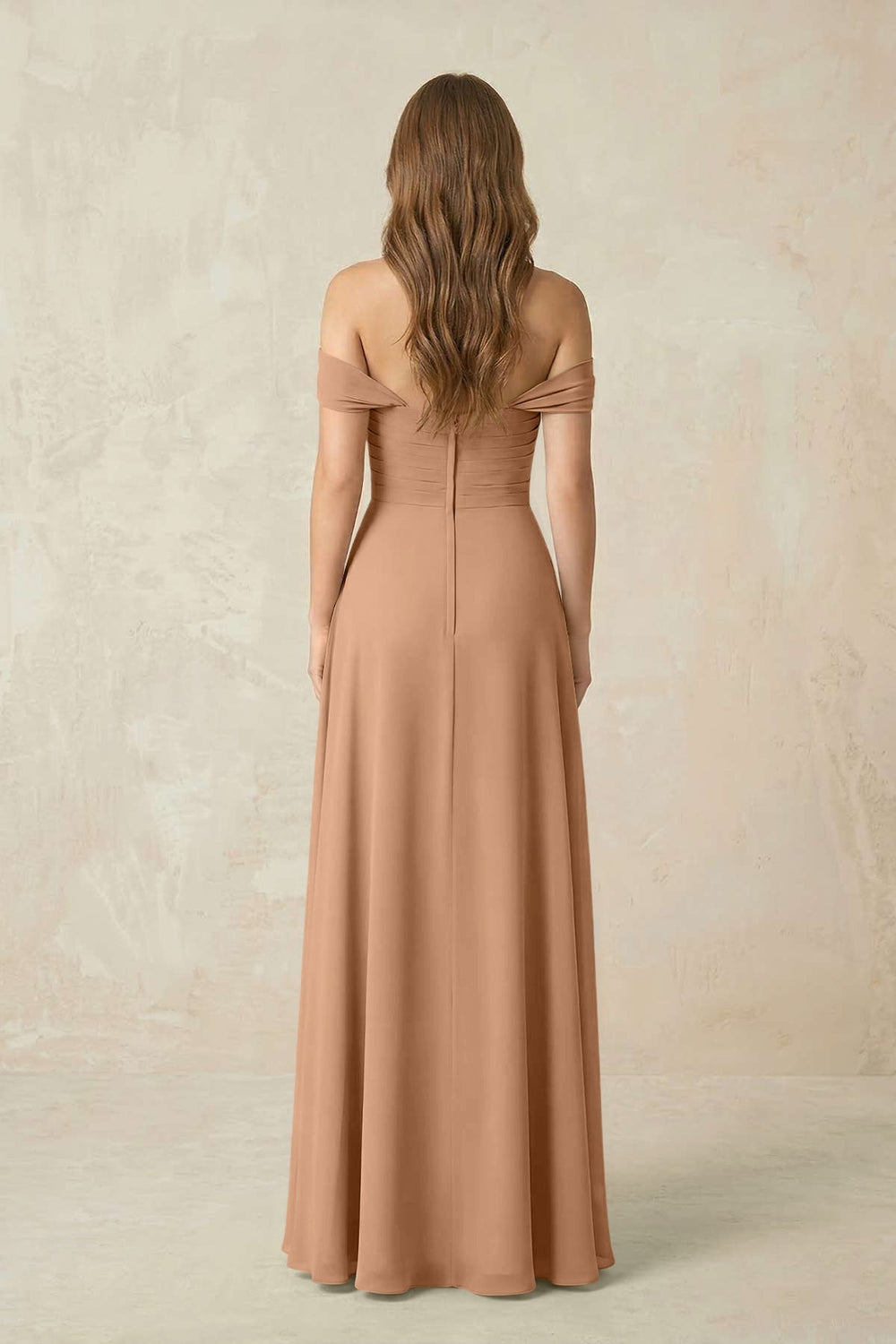 Off - the - Shoulder A - Line Chiffon Pleated Bridesmaid Dress in Bronzer - KISS BRIDAL Bridesmaid Dresses