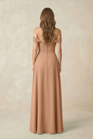 Off - the - Shoulder A - Line Chiffon Pleated Bridesmaid Dress in Bronzer - SHE IS ME Bridesmaid Dresses