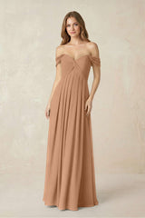 Off - the - Shoulder A - Line Chiffon Pleated Bridesmaid Dress in Bronzer - KISS BRIDAL Bridesmaid Dresses