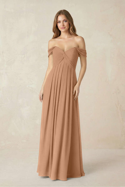 Off - the - Shoulder A - Line Chiffon Pleated Bridesmaid Dress in Bronzer - SHE IS ME Bridesmaid Dresses