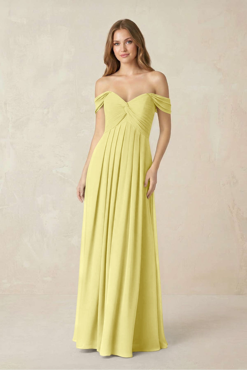 Off - the - Shoulder A - Line Chiffon Pleated Bridesmaid Dress in Buttercup - KISS BRIDAL Bridesmaid Dresses