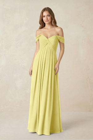 Off - the - Shoulder A - Line Chiffon Pleated Bridesmaid Dress in Buttercup - SHE IS ME Bridesmaid Dresses
