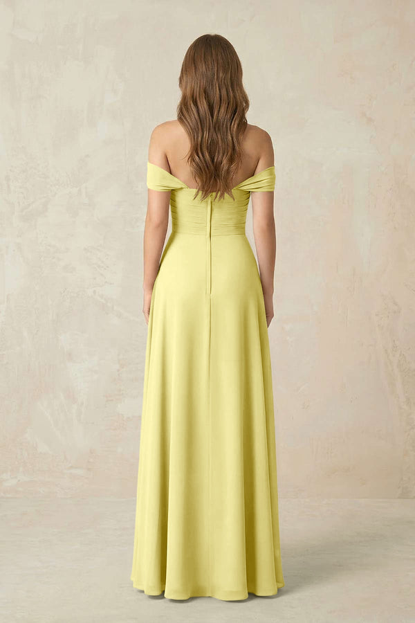 Off - the - Shoulder A - Line Chiffon Pleated Bridesmaid Dress in Buttercup - SHE IS ME Bridesmaid Dresses