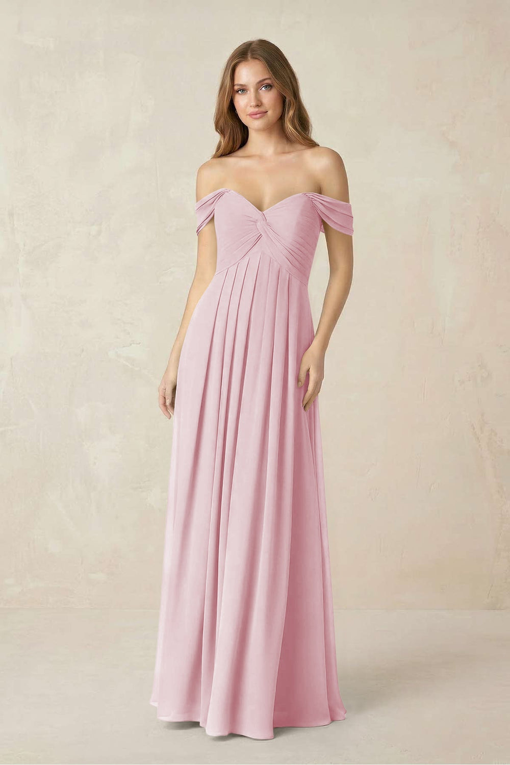 Off - the - Shoulder A - Line Chiffon Pleated Bridesmaid Dress in Candy Pink - KISS BRIDAL Bridesmaid Dresses