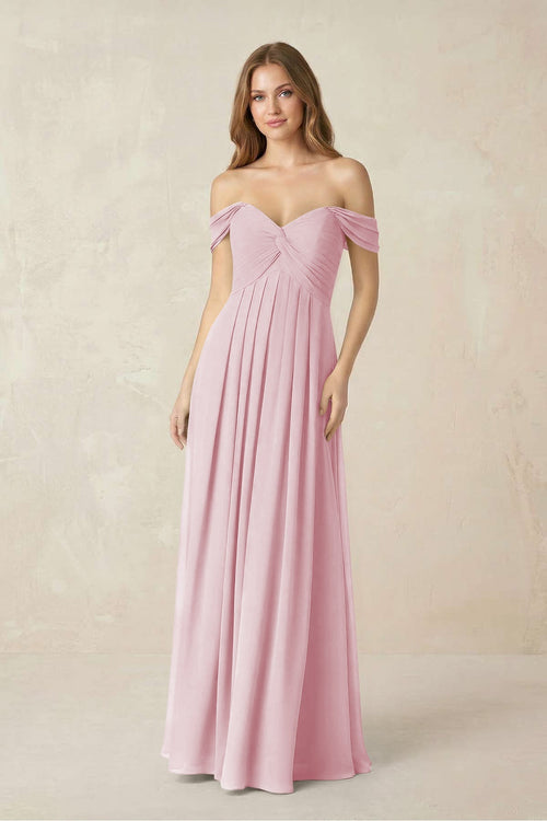 Off - the - Shoulder A - Line Chiffon Pleated Bridesmaid Dress in Candy Pink - SHE IS ME Bridesmaid Dresses