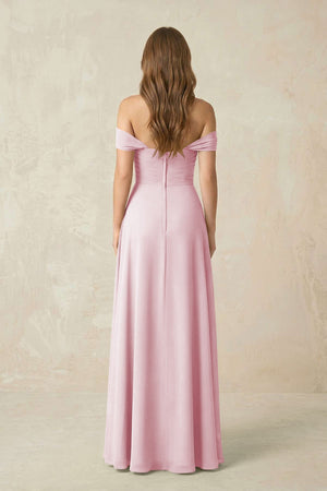 Off - the - Shoulder A - Line Chiffon Pleated Bridesmaid Dress in Candy Pink - SHE IS ME Bridesmaid Dresses