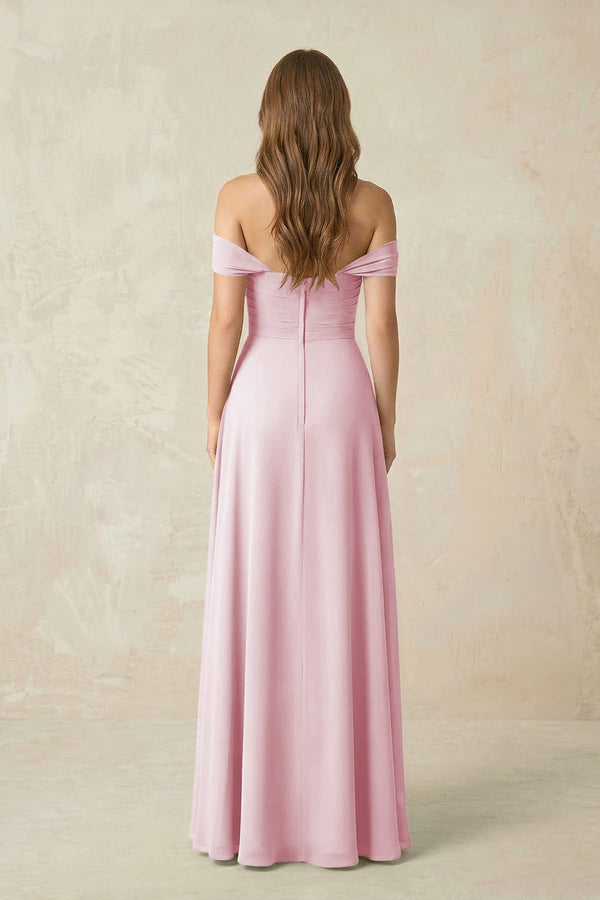 Off - the - Shoulder A - Line Chiffon Pleated Bridesmaid Dress in Candy Pink - SHE IS ME Bridesmaid Dresses