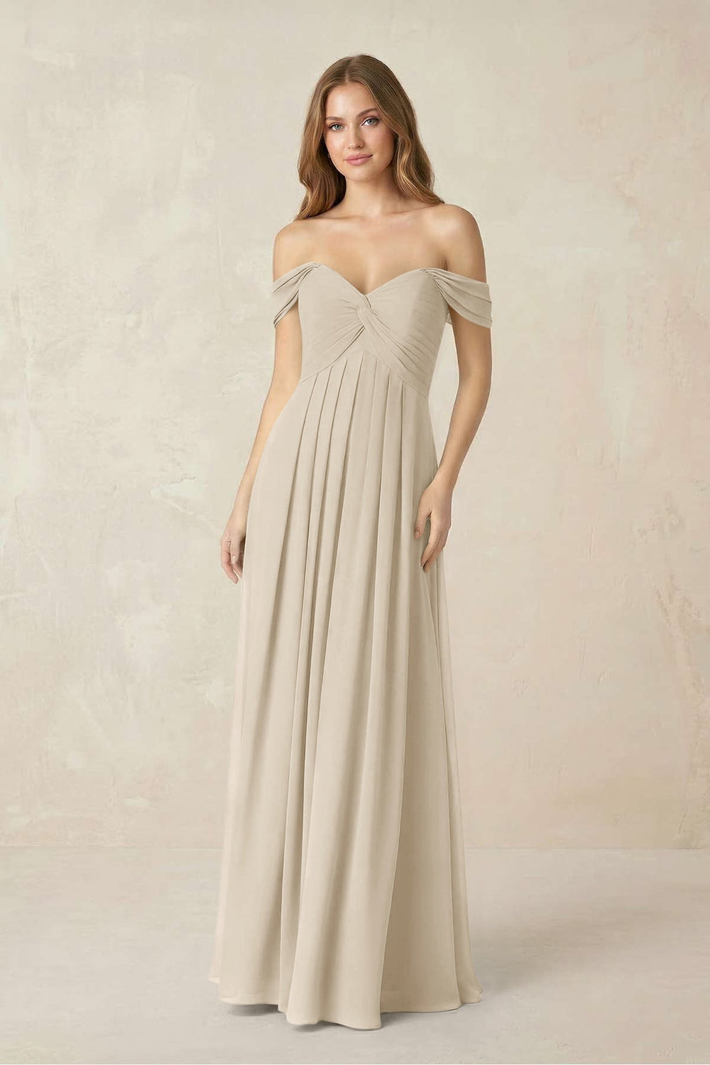 Off - the - Shoulder A - Line Chiffon Pleated Bridesmaid Dress in Champagne - KISS BRIDAL Bridesmaid Dresses