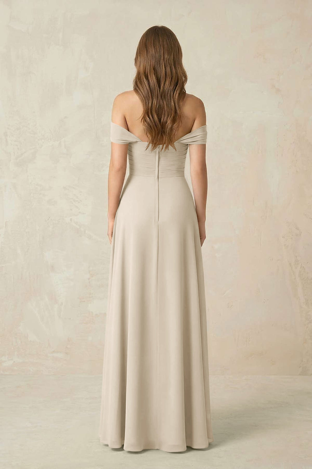 Off - the - Shoulder A - Line Chiffon Pleated Bridesmaid Dress in Champagne - KISS BRIDAL Bridesmaid Dresses