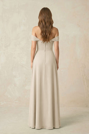 Off - the - Shoulder A - Line Chiffon Pleated Bridesmaid Dress in Champagne - SHE IS ME Bridesmaid Dresses
