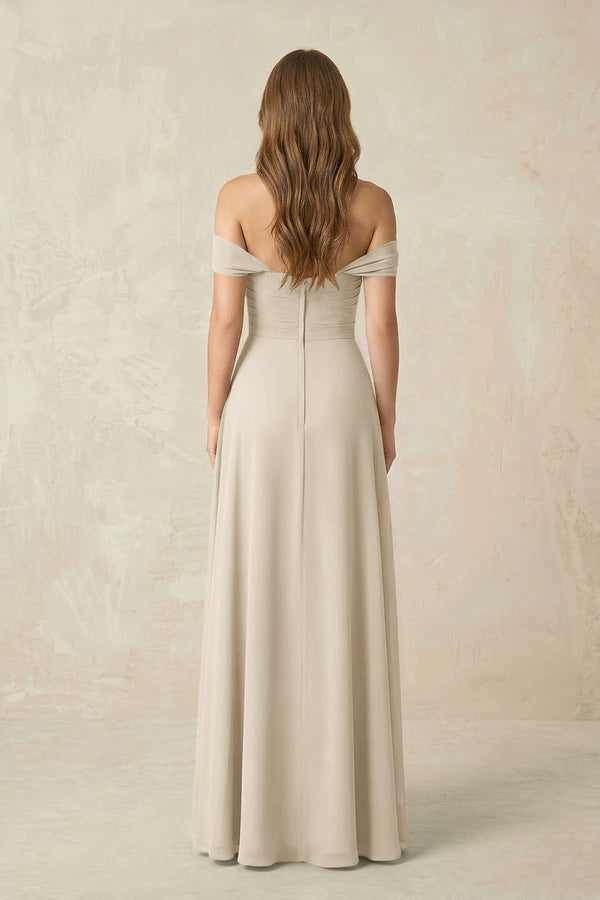 Off - the - Shoulder A - Line Chiffon Pleated Bridesmaid Dress in Champagne - SHE IS ME Bridesmaid Dresses