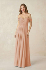 Off - the - Shoulder A - Line Chiffon Pleated Bridesmaid Dress in Champagne Rose - KISS BRIDAL Bridesmaid Dresses