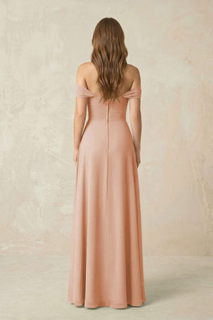Off - the - Shoulder A - Line Chiffon Pleated Bridesmaid Dress in Champagne Rose - SHE IS ME Bridesmaid Dresses
