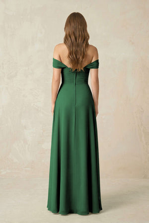 Off - the - Shoulder A - Line Chiffon Pleated Bridesmaid Dress in Dark Green - SHE IS ME Bridesmaid Dresses