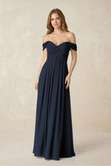 Off - the - Shoulder A - Line Chiffon Pleated Bridesmaid Dress in Dark Navy - KISS BRIDAL Bridesmaid Dresses