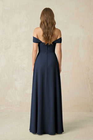 Off - the - Shoulder A - Line Chiffon Pleated Bridesmaid Dress in Dark Navy - SHE IS ME Bridesmaid Dresses