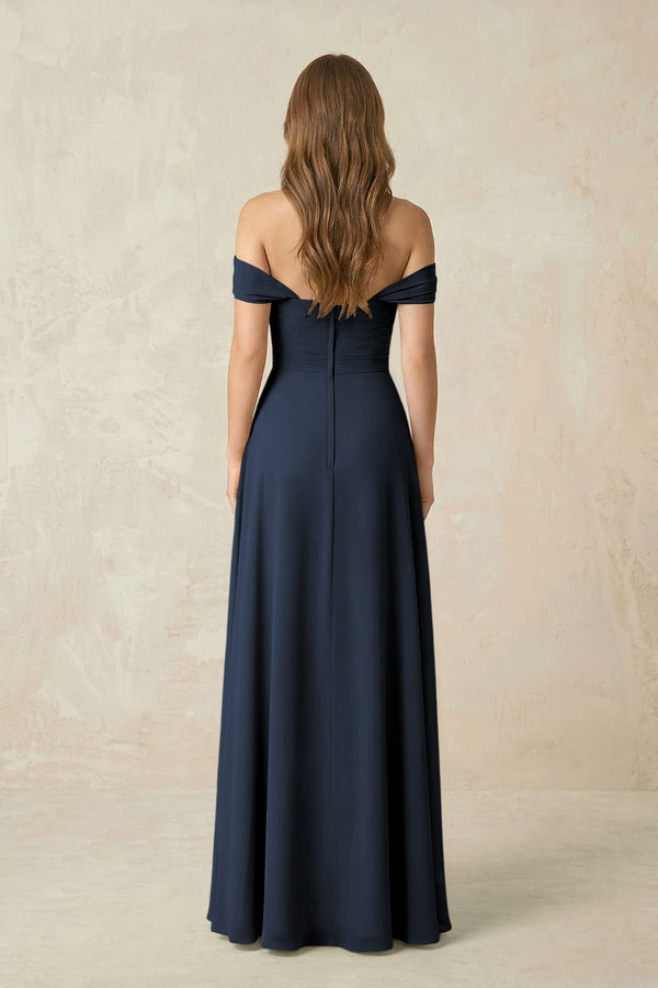 Off - the - Shoulder A - Line Chiffon Pleated Bridesmaid Dress in Dark Navy - SHE IS ME Bridesmaid Dresses