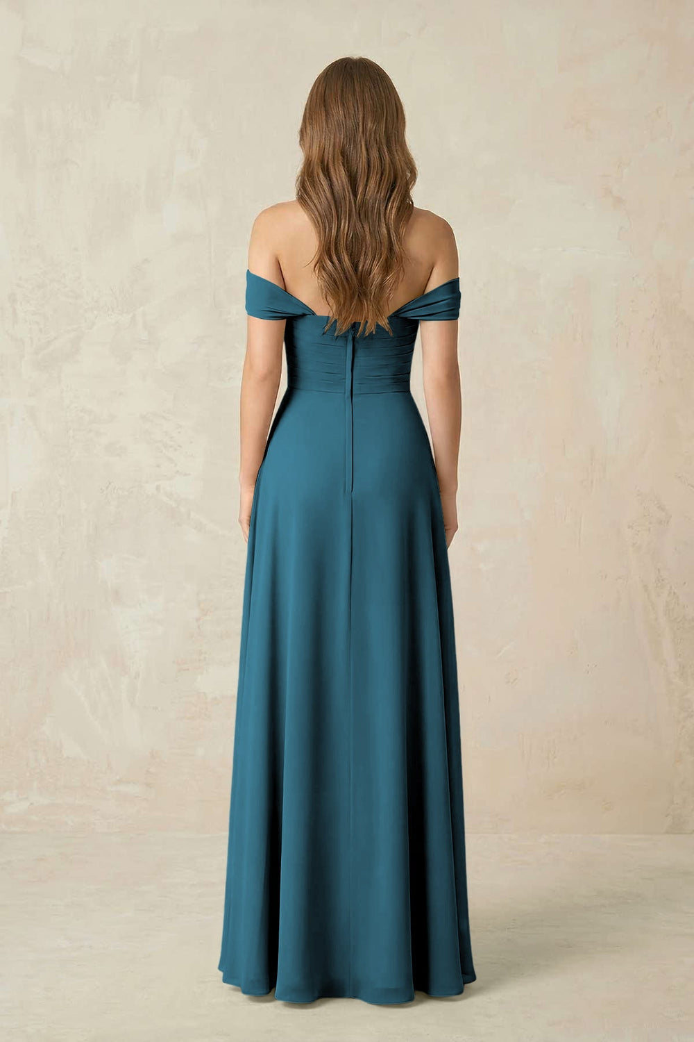 Off - the - Shoulder A - Line Chiffon Pleated Bridesmaid Dress in Dark Teal - KISS BRIDAL Bridesmaid Dresses