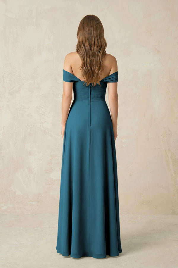 Off - the - Shoulder A - Line Chiffon Pleated Bridesmaid Dress in Dark Teal - SHE IS ME Bridesmaid Dresses
