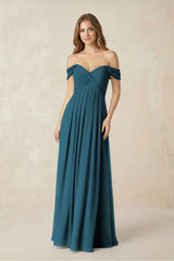 Off - the - Shoulder A - Line Chiffon Pleated Bridesmaid Dress in Dark Teal - KISS BRIDAL Bridesmaid Dresses