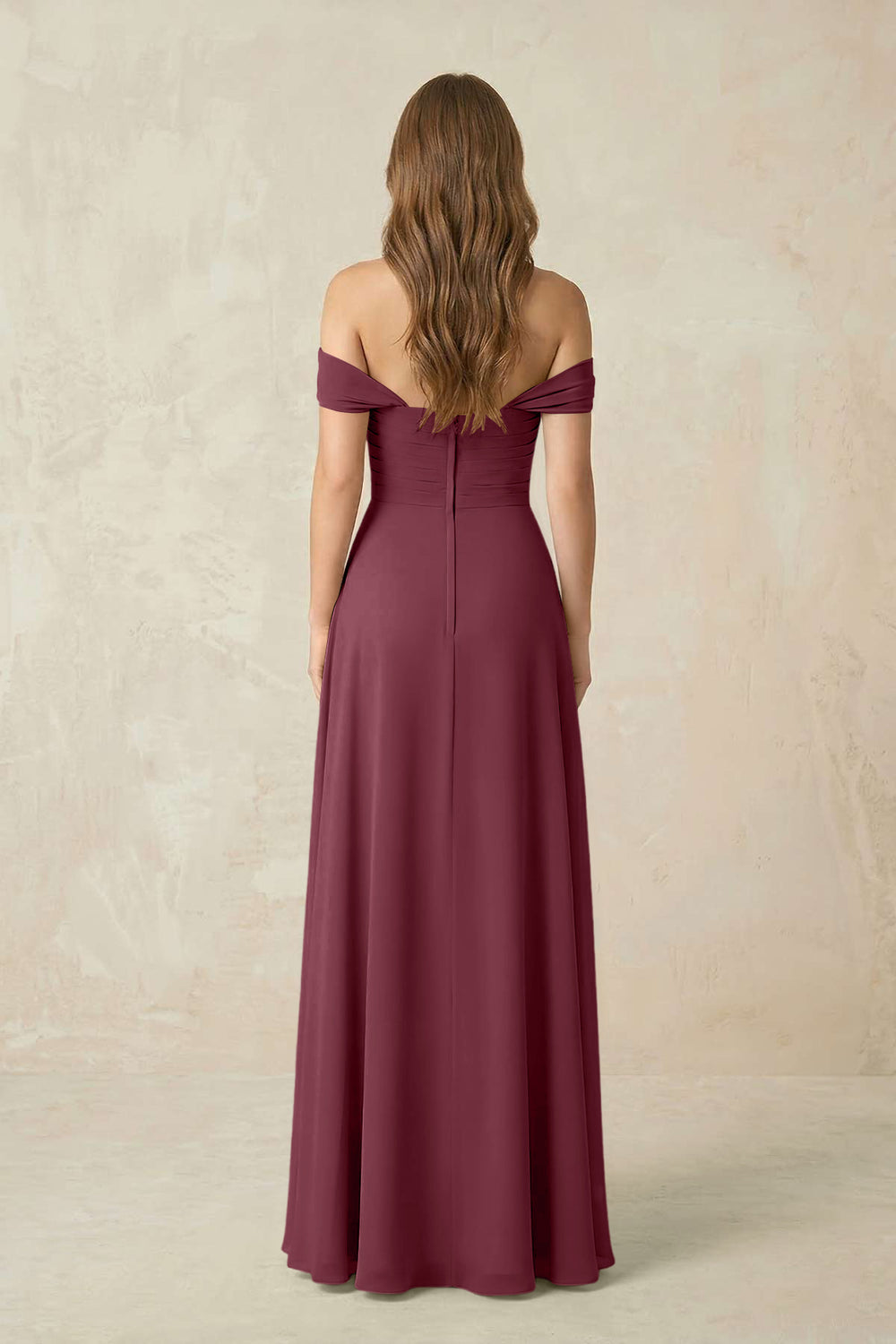 Off-the-Shoulder A-Line Chiffon Pleated Bridesmaid Dress in Desert Rose
