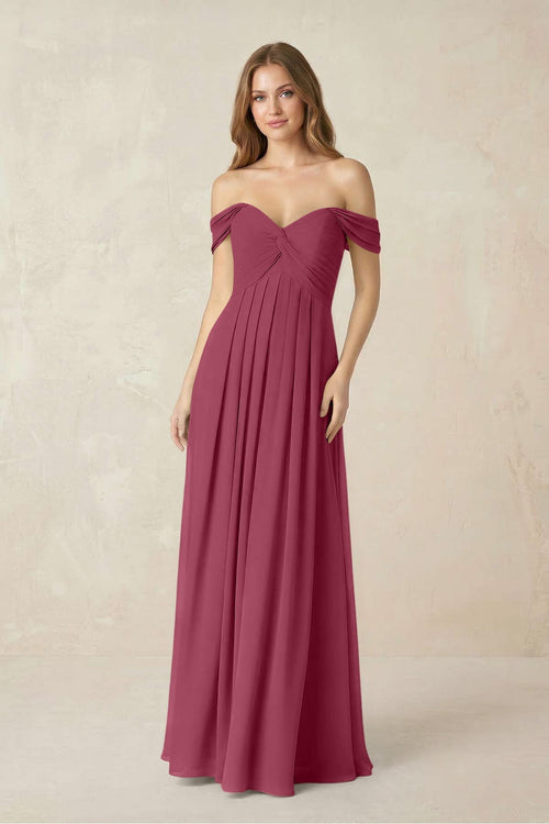 Off - the - Shoulder A - Line Chiffon Pleated Bridesmaid Dress in Desert Rose - SHE IS ME Bridesmaid Dresses