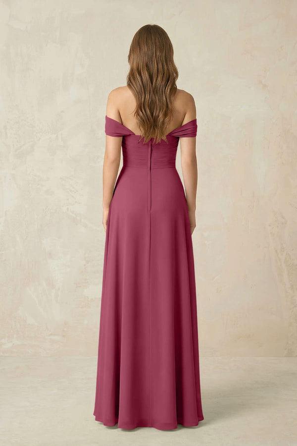 Off - the - Shoulder A - Line Chiffon Pleated Bridesmaid Dress in Desert Rose - SHE IS ME Bridesmaid Dresses