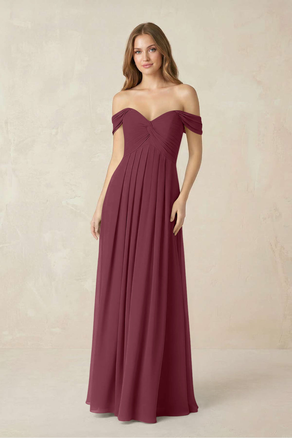 Off-the-Shoulder A-Line Chiffon Pleated Bridesmaid Dress in Desert Rose