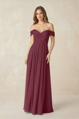 Off-the-Shoulder A-Line Chiffon Pleated Bridesmaid Dress in Desert Rose | KISSBRIDAL