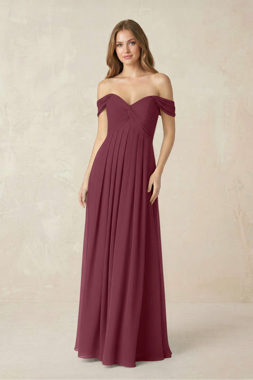 Off-the-Shoulder A-Line Chiffon Pleated Bridesmaid Dress in Desert Rose | KISSBRIDAL