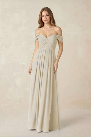Off - the - Shoulder A - Line Chiffon Pleated Bridesmaid Dress in Dove Gray - SHE IS ME Bridesmaid Dresses