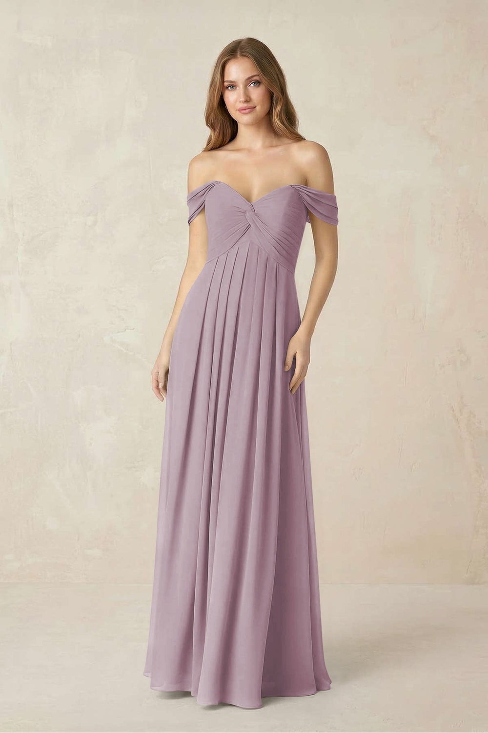 Off - the - Shoulder A - Line Chiffon Pleated Bridesmaid Dress in Dusk - KISS BRIDAL Bridesmaid Dresses