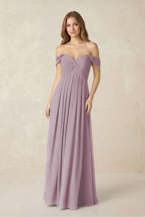 Off - the - Shoulder A - Line Chiffon Pleated Bridesmaid Dress in Dusk - SHE IS ME Bridesmaid Dresses