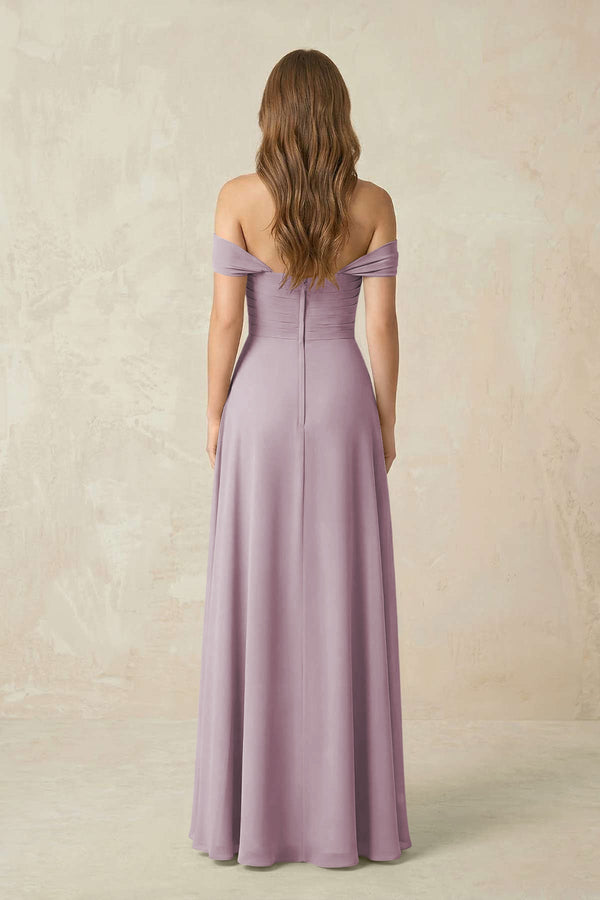 Off - the - Shoulder A - Line Chiffon Pleated Bridesmaid Dress in Dusk - SHE IS ME Bridesmaid Dresses