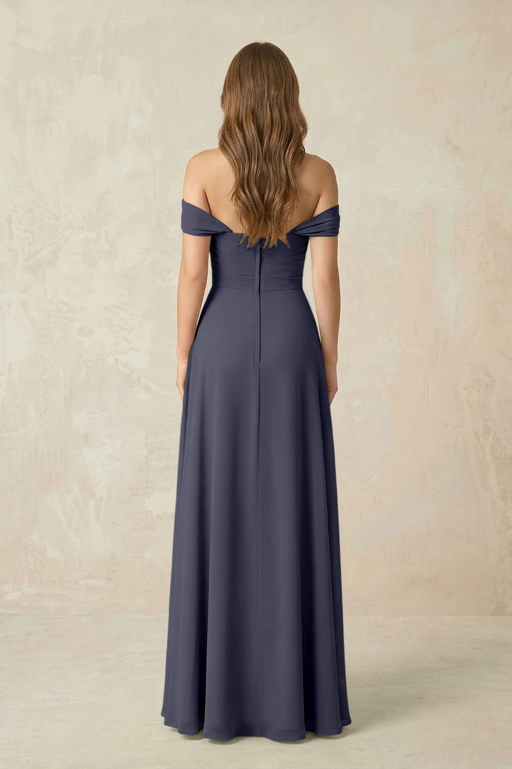 Off - the - Shoulder A - Line Chiffon Pleated Bridesmaid Dress in Dusk Blue - KISS BRIDAL Bridesmaid Dresses