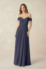 Off - the - Shoulder A - Line Chiffon Pleated Bridesmaid Dress in Dusk Blue - KISS BRIDAL Bridesmaid Dresses